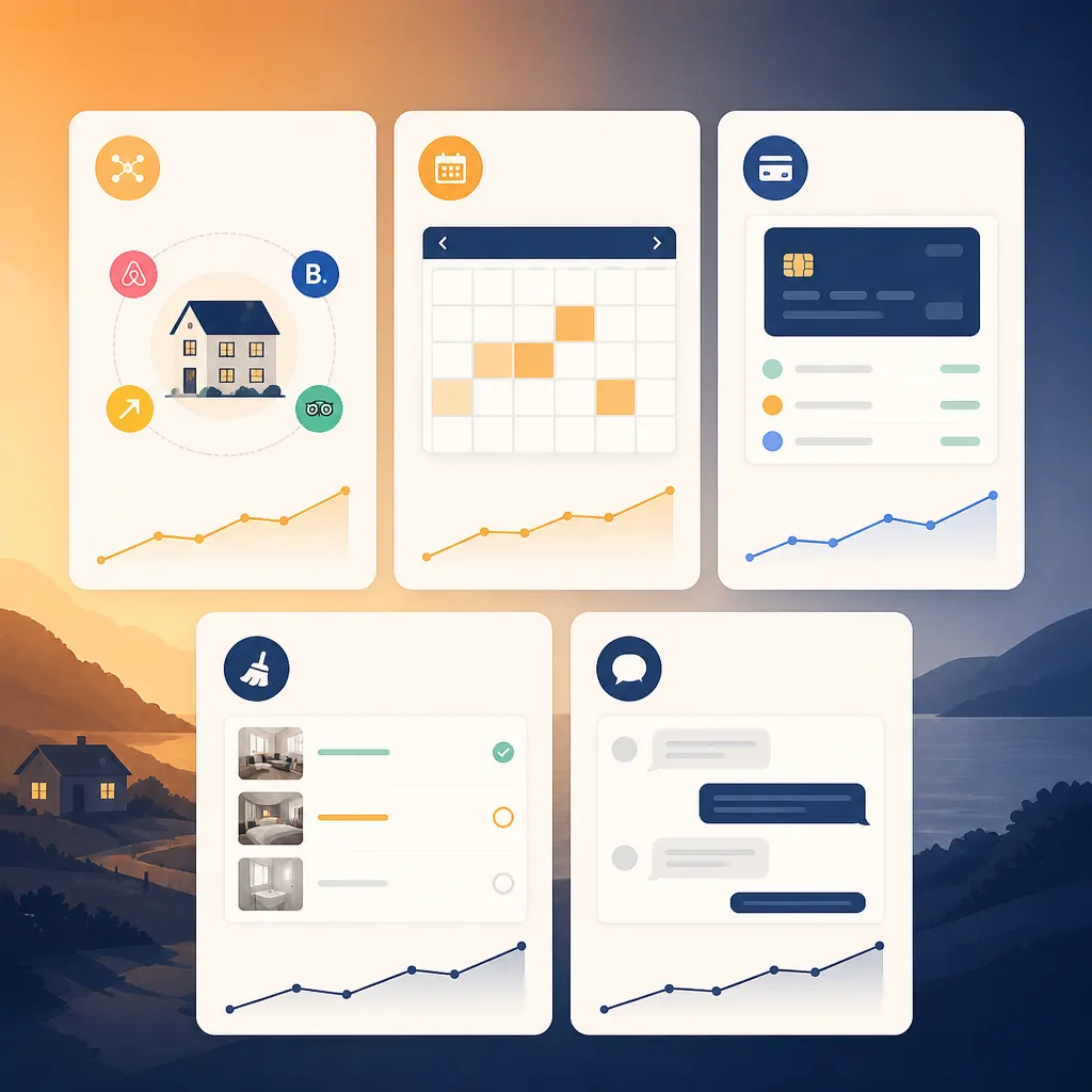 Feature cards showing booking, payments and cleaner task panels