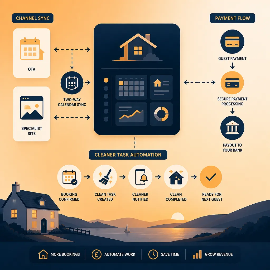 Workflow diagram showing channel sync, payments and cleaner automation