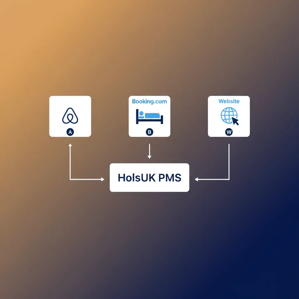 A diagram illustrating how HolsUK's PMS syncs availability two-ways with OTAs and a direct website.