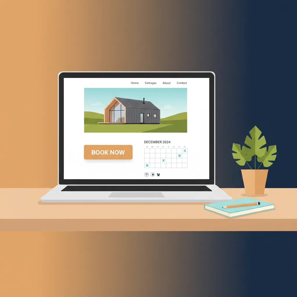 Laptop showing a HolsUK direct booking website for a holiday cottage.