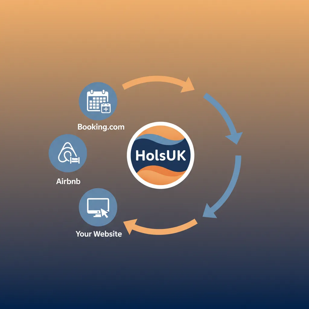 Diagram showing HolsUK synchronising calendars two-ways with Airbnb, Booking.com, and a direct website.