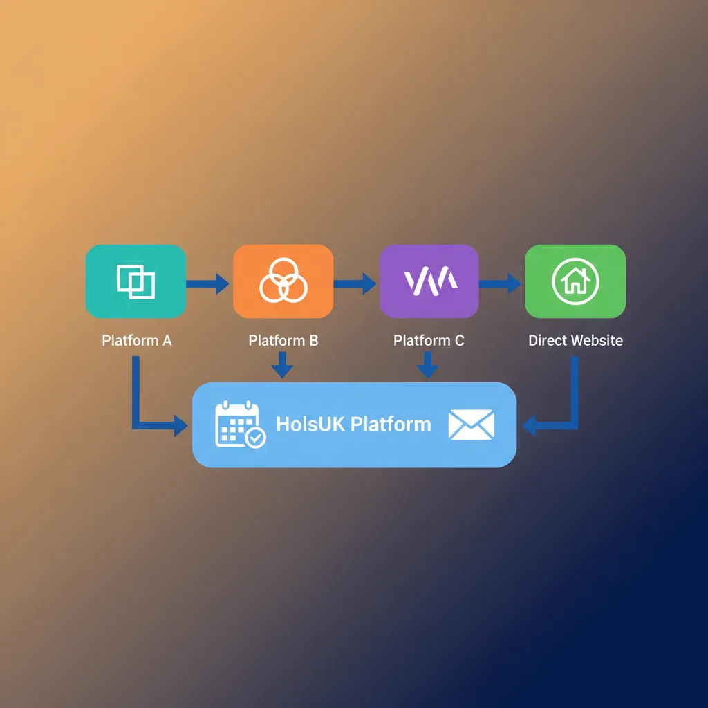 Diagram showing HolsUK synchronising calendars and messages across OTAs and a direct website.
