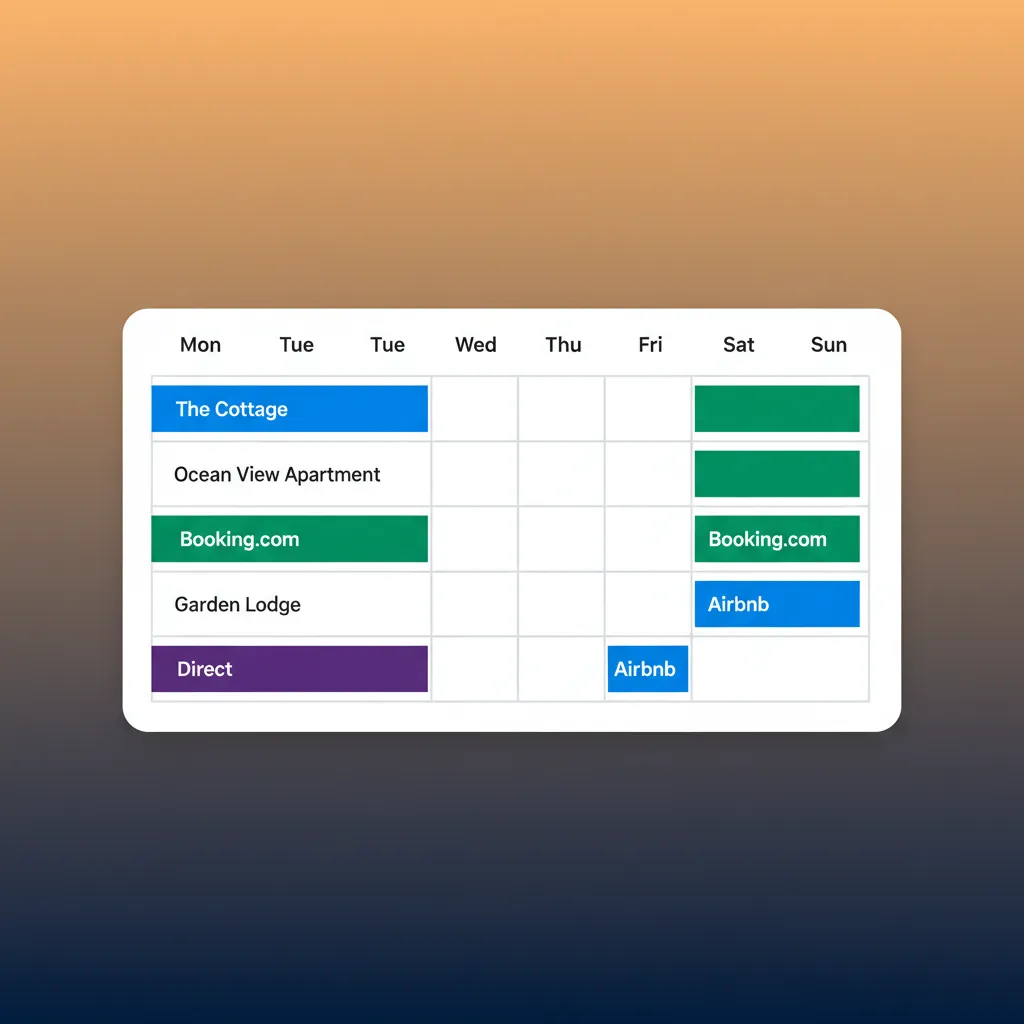 A unified calendar view in HolsUK showing bookings from different channels colour-coded.
