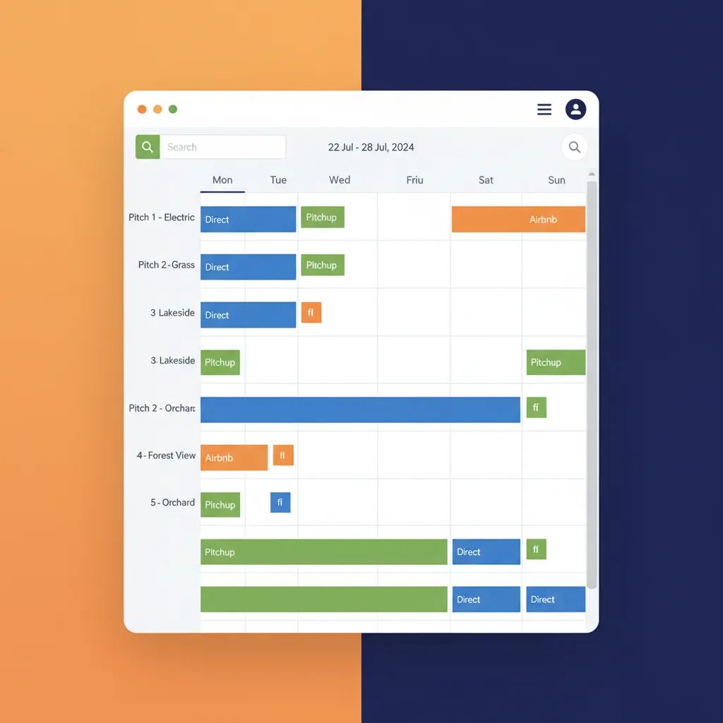 HolsUK unified calendar showing bookings from Pitchup, Airbnb and direct on a single screen.