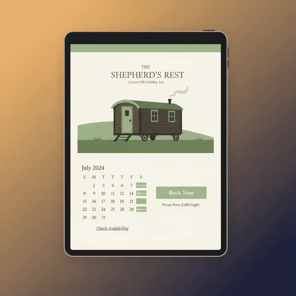 A tablet showing the HolsUK direct booking engine for a shepherd's hut.