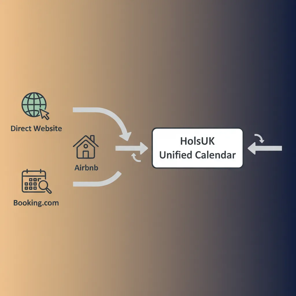 Diagram showing how HolsUK syncs calendars from a website, Airbnb, and Booking.com.