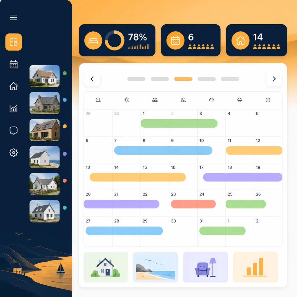 Dashboard calendar with colour-coded bookings and occupancy summary