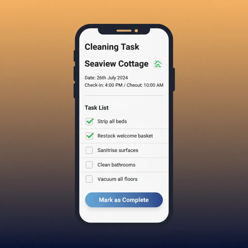 A mobile phone view of a cleaner's task checklist within the HolsUK app.