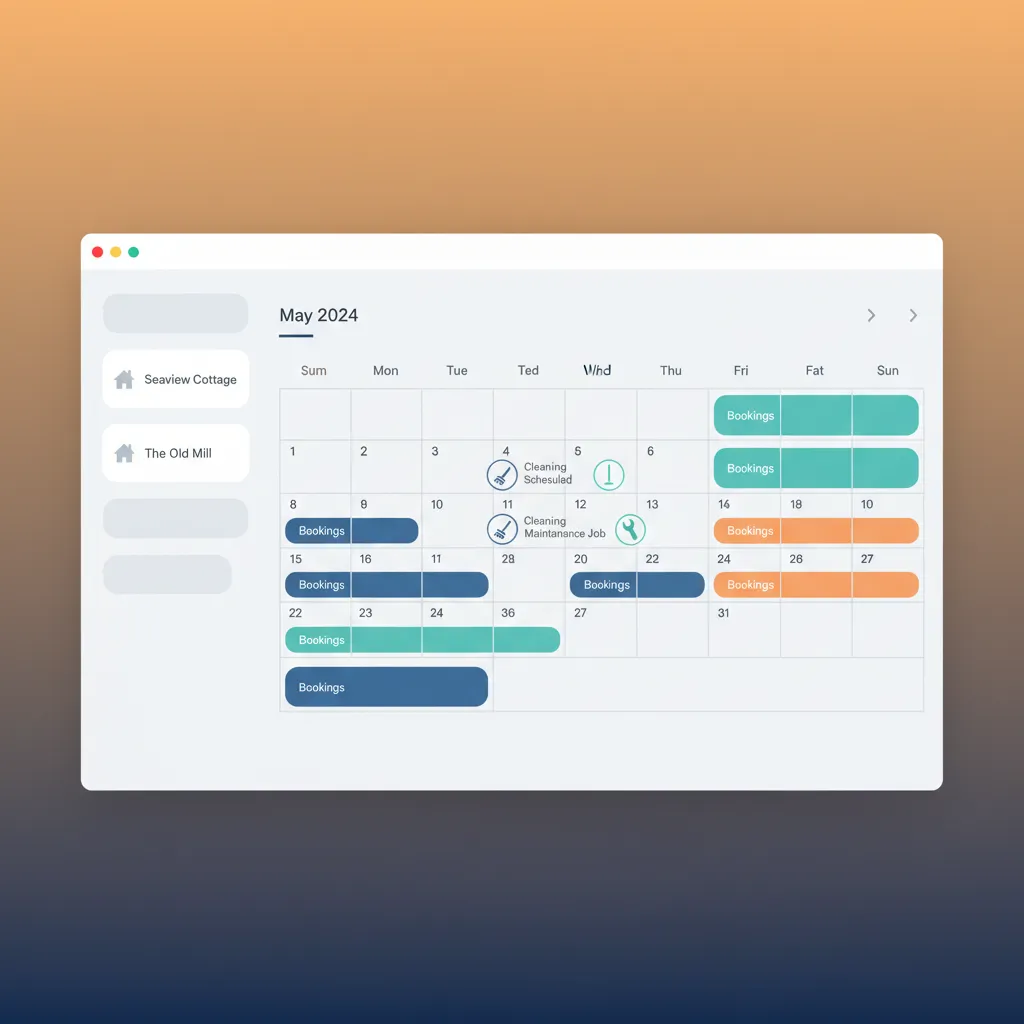 A dashboard showing a calendar with automated cleaning and maintenance tasks scheduled between guest bookings.