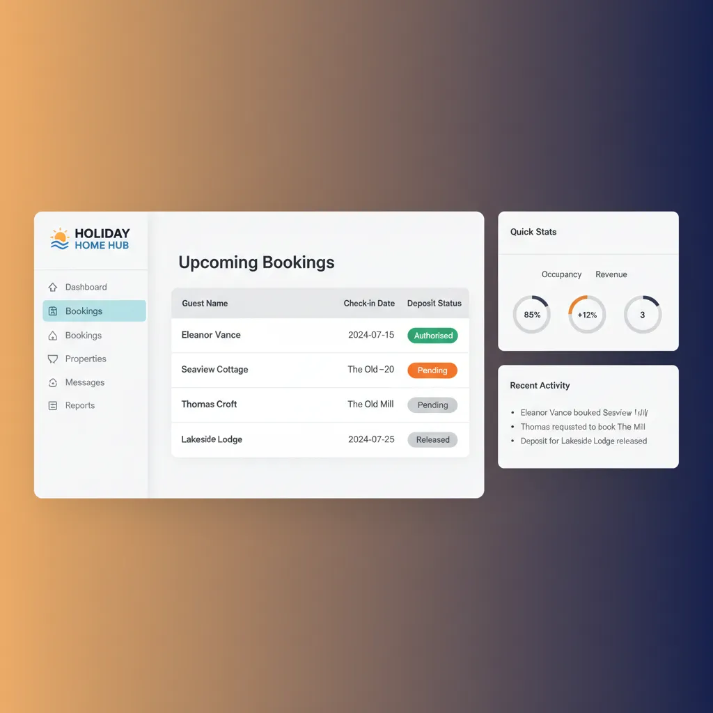 HolsUK dashboard showing a list of bookings with their security deposit pre-authorisation status.