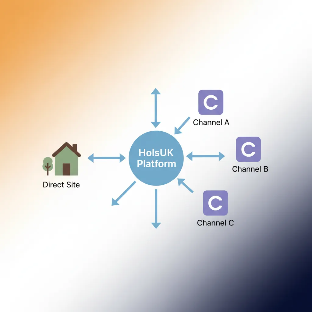 A diagram showing HolsUK synchronising availability between a direct website and other booking channels.