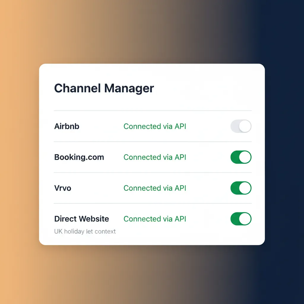 The HolsUK channel manager settings page showing active API connections to booking sites.