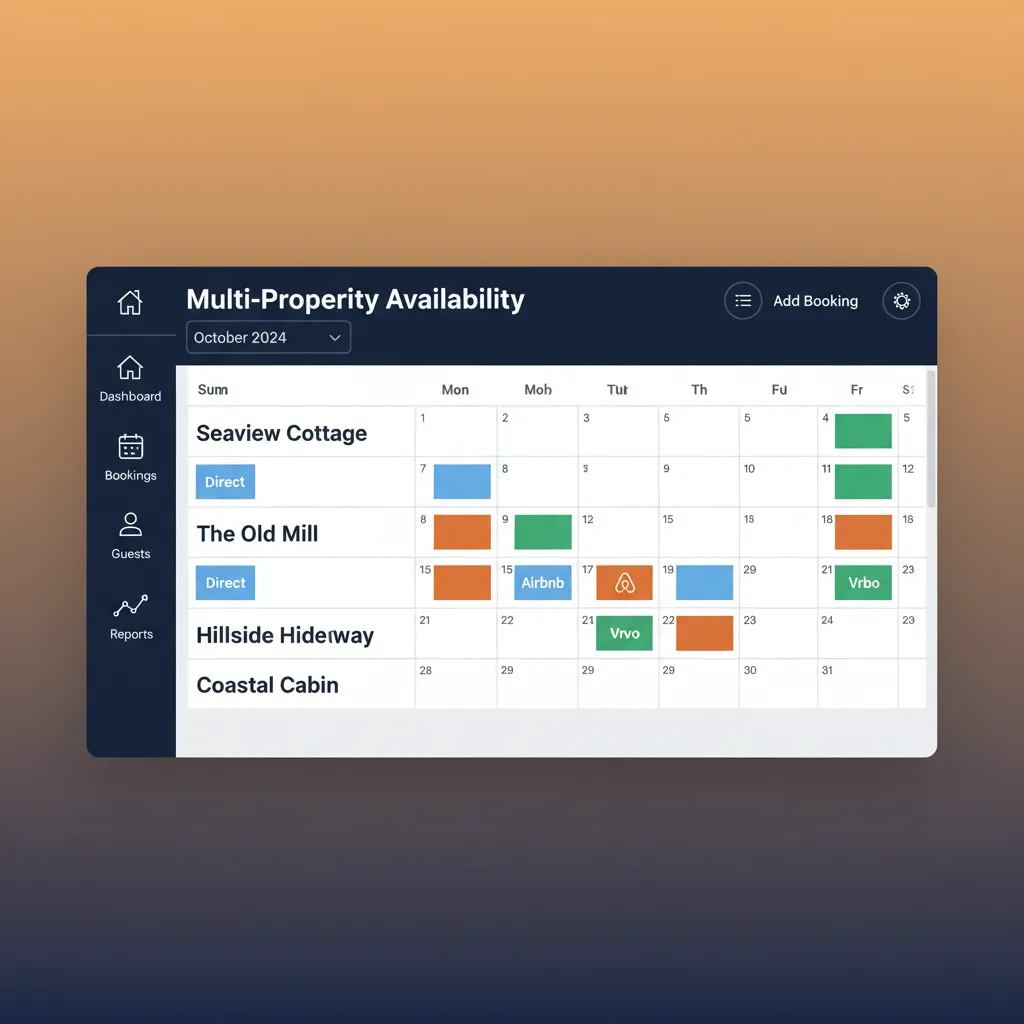 A dashboard showing a multi-property calendar with colour-coded bookings from different channels.