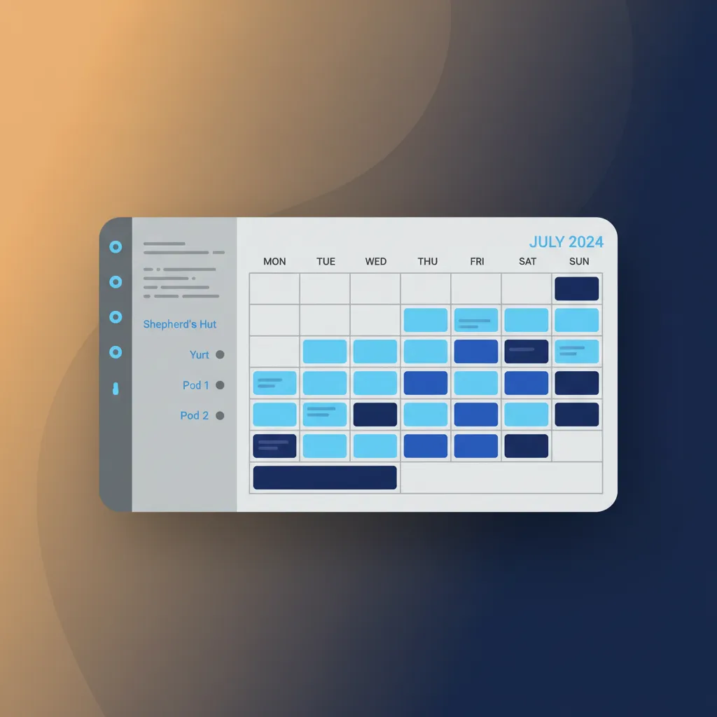 A mockup of the HolsUK unified calendar showing multiple glamping units and their bookings.