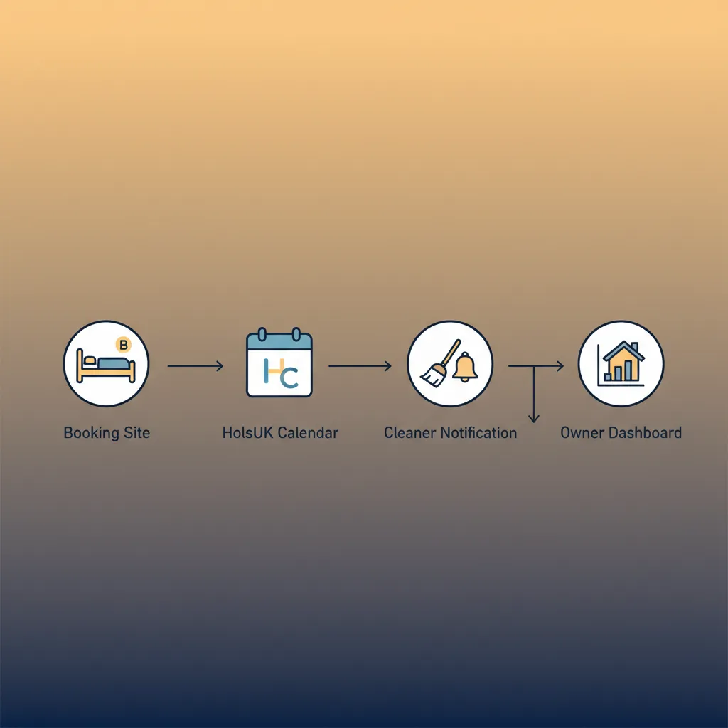 A diagram showing how a booking automatically triggers cleaner notifications and updates the owner dashboard.