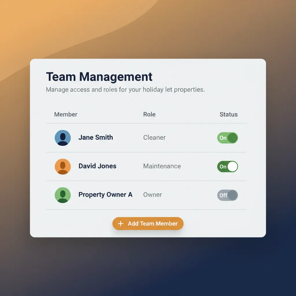 The team management interface in HolsUK, showing different roles and permissions for cleaners and owners.
