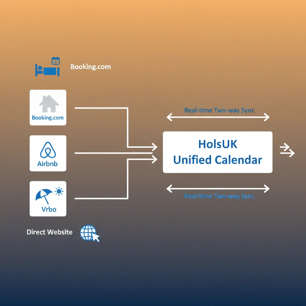 A diagram showing how HolsUK's unified calendar syncs with Booking.com, Airbnb, and a direct website.