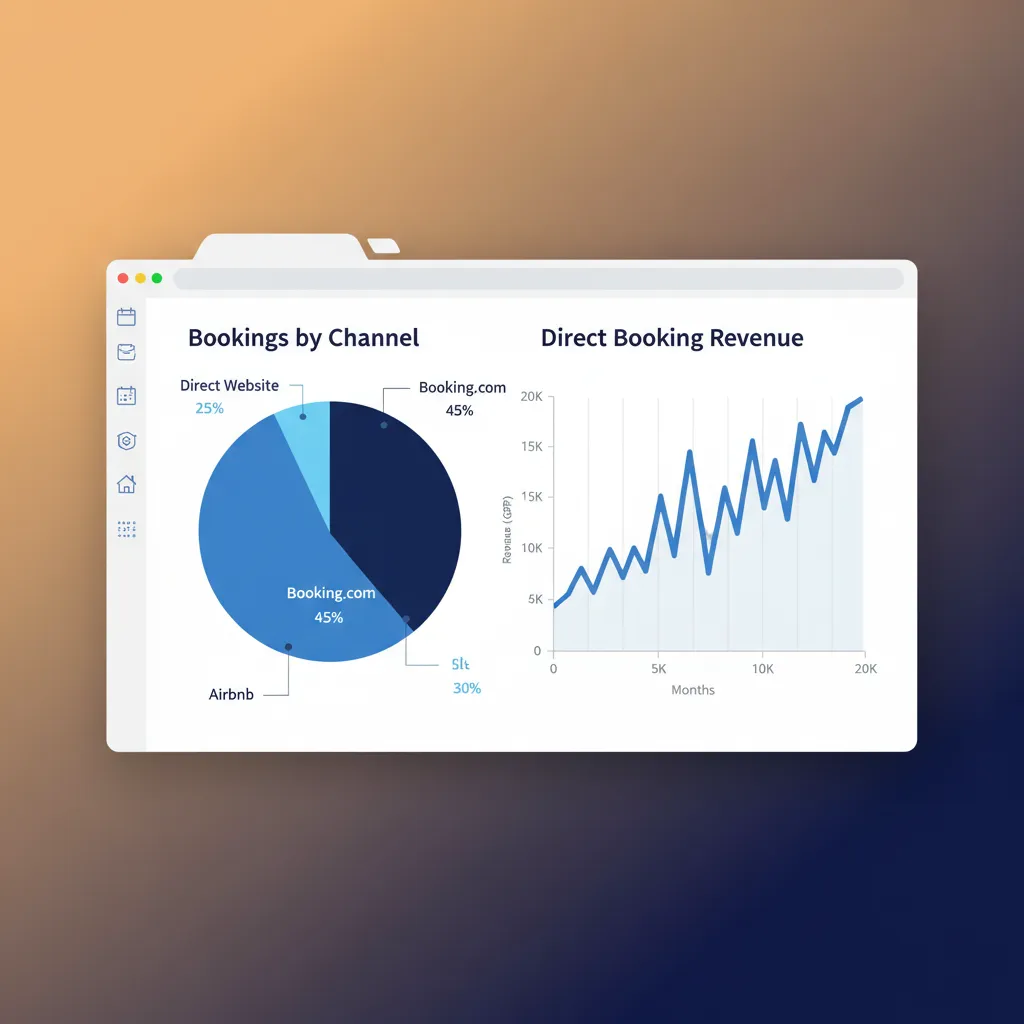 A dashboard showing a pie chart of booking sources, with direct bookings increasing.