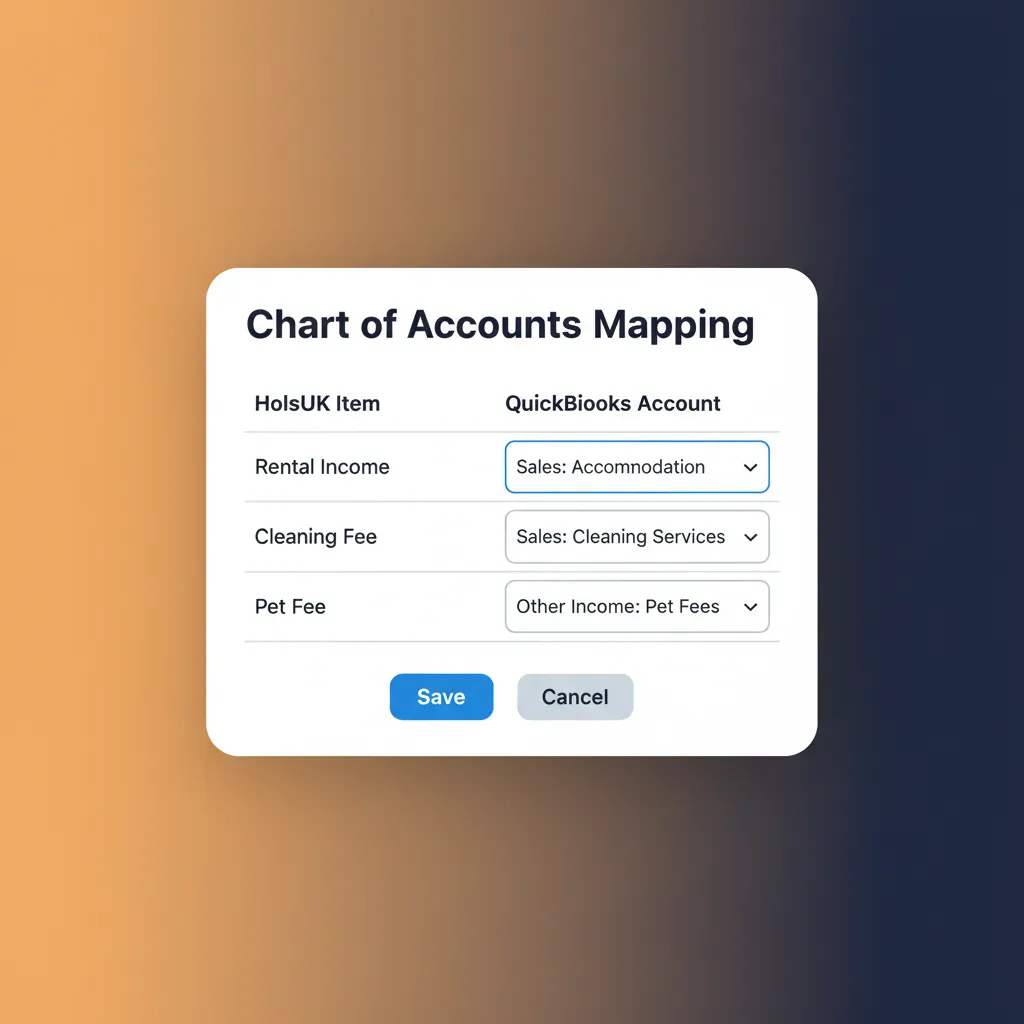 Mockup of the HolsUK dashboard showing how to map income types to QuickBooks accounts.