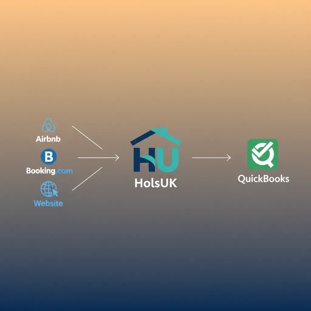 Diagram showing booking channels flowing into HolsUK, which then syncs automatically with QuickBooks.