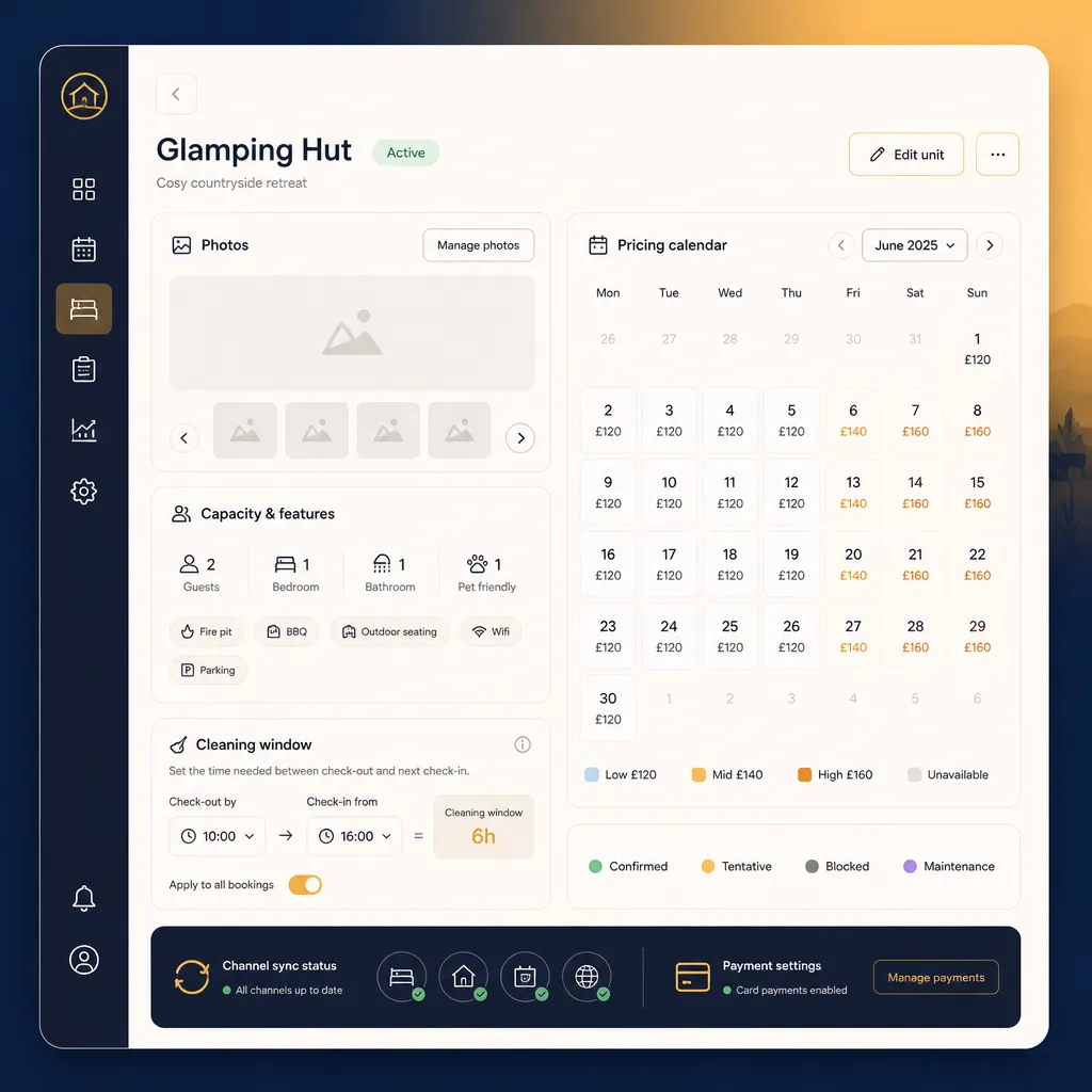 Unit profile showing photos, capacity and pricing calendar
