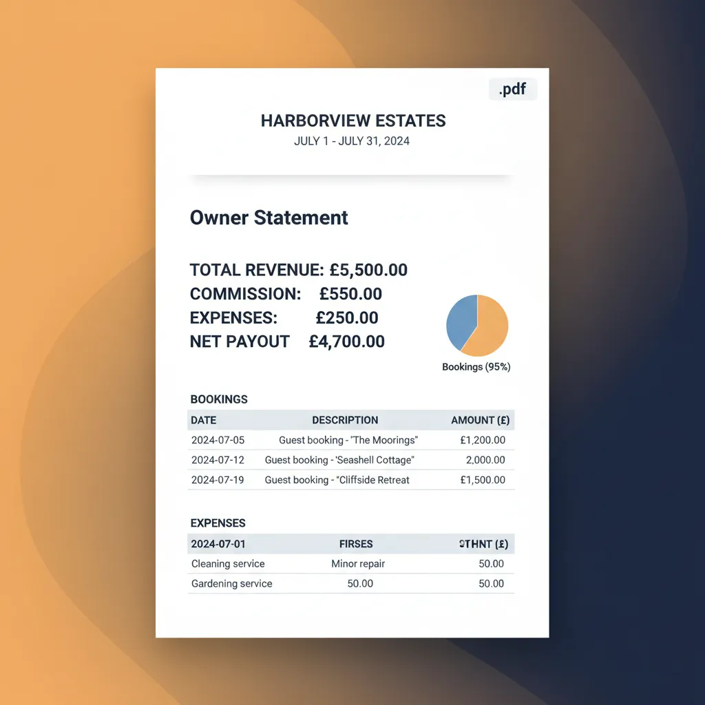 An example of an automated owner statement generated by HolsUK software, showing revenue and expenses.