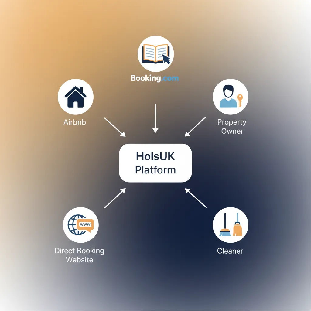 A diagram showing how HolsUK connects booking channels, owners, and cleaners in one system.