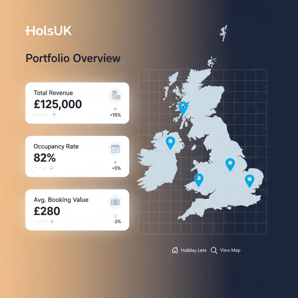 A dashboard from HolsUK's multi-owner reporting software showing a map and key revenue stats.