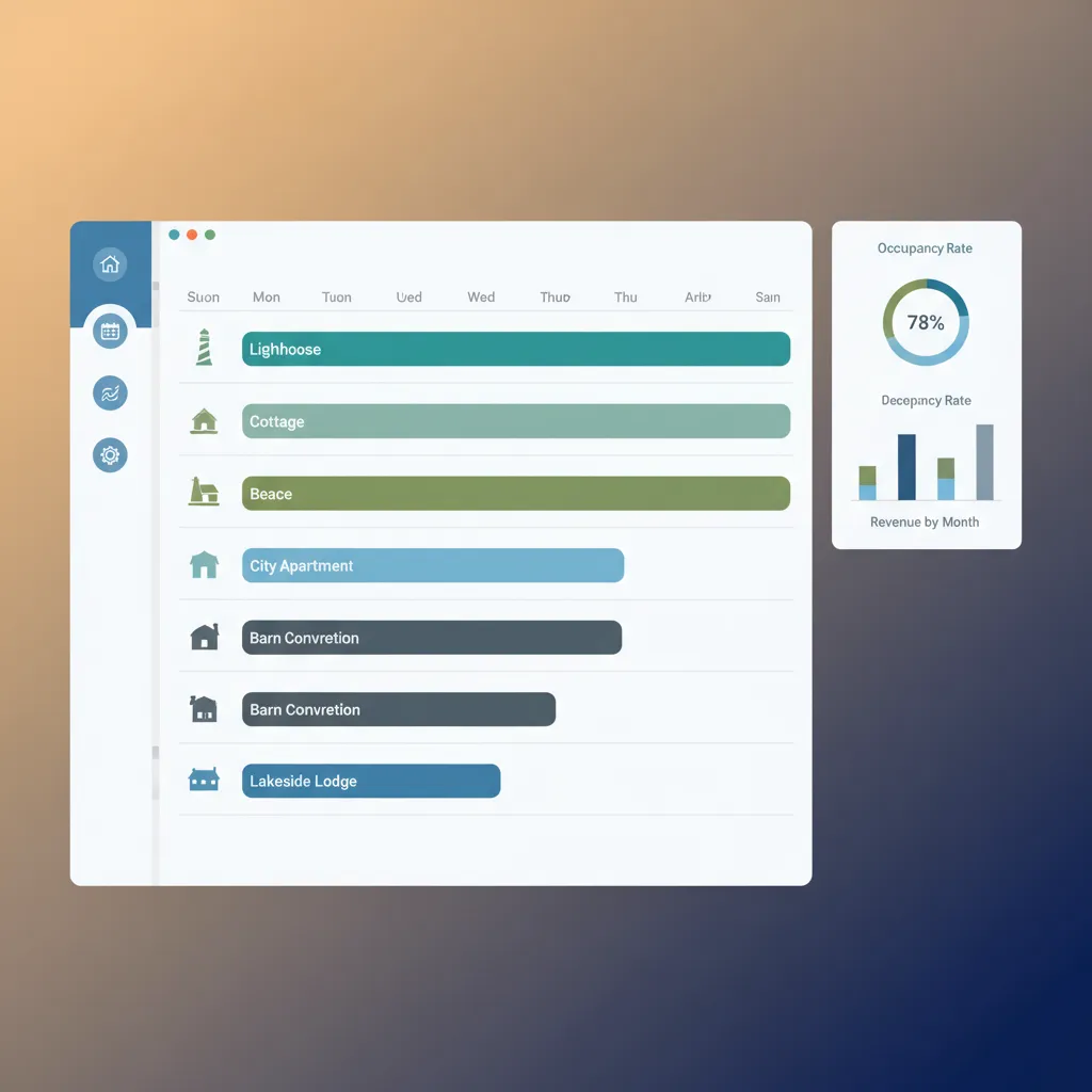 A mockup of the HolsUK PMS dashboard showing a centralised calendar for multiple properties.