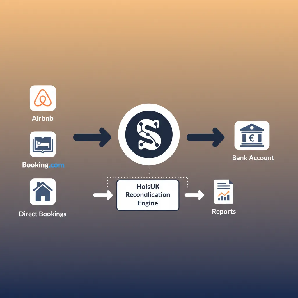 Diagram showing how HolsUK reconciles payments from channels via Stripe.