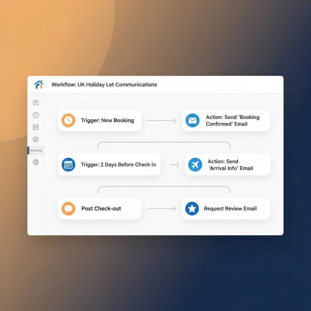 A mockup of the HolsUK automated guest messaging tool showing a workflow.