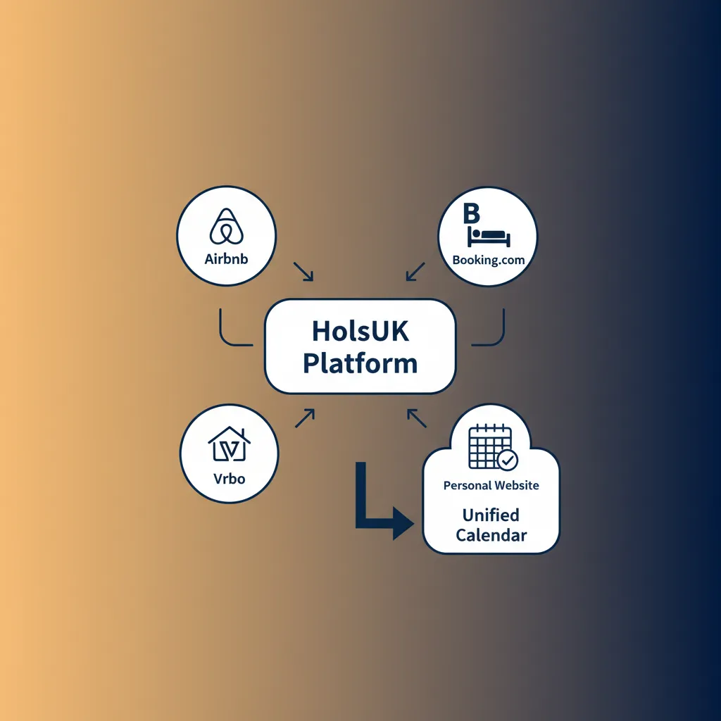 Diagram showing how HolsUK centralises bookings from Airbnb, Booking.com and more.