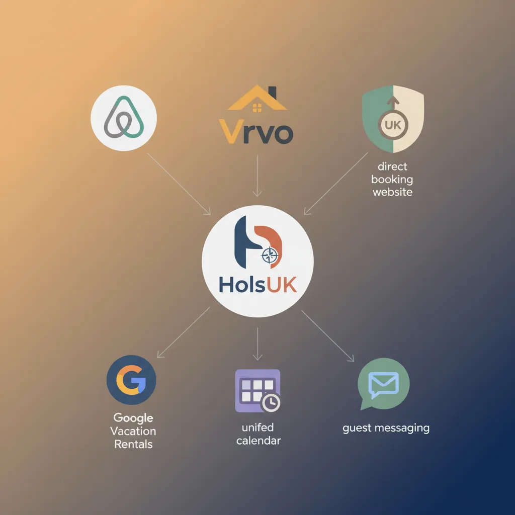 A diagram showing HolsUK connecting Airbnb and other channels to Google Vacation Rentals.