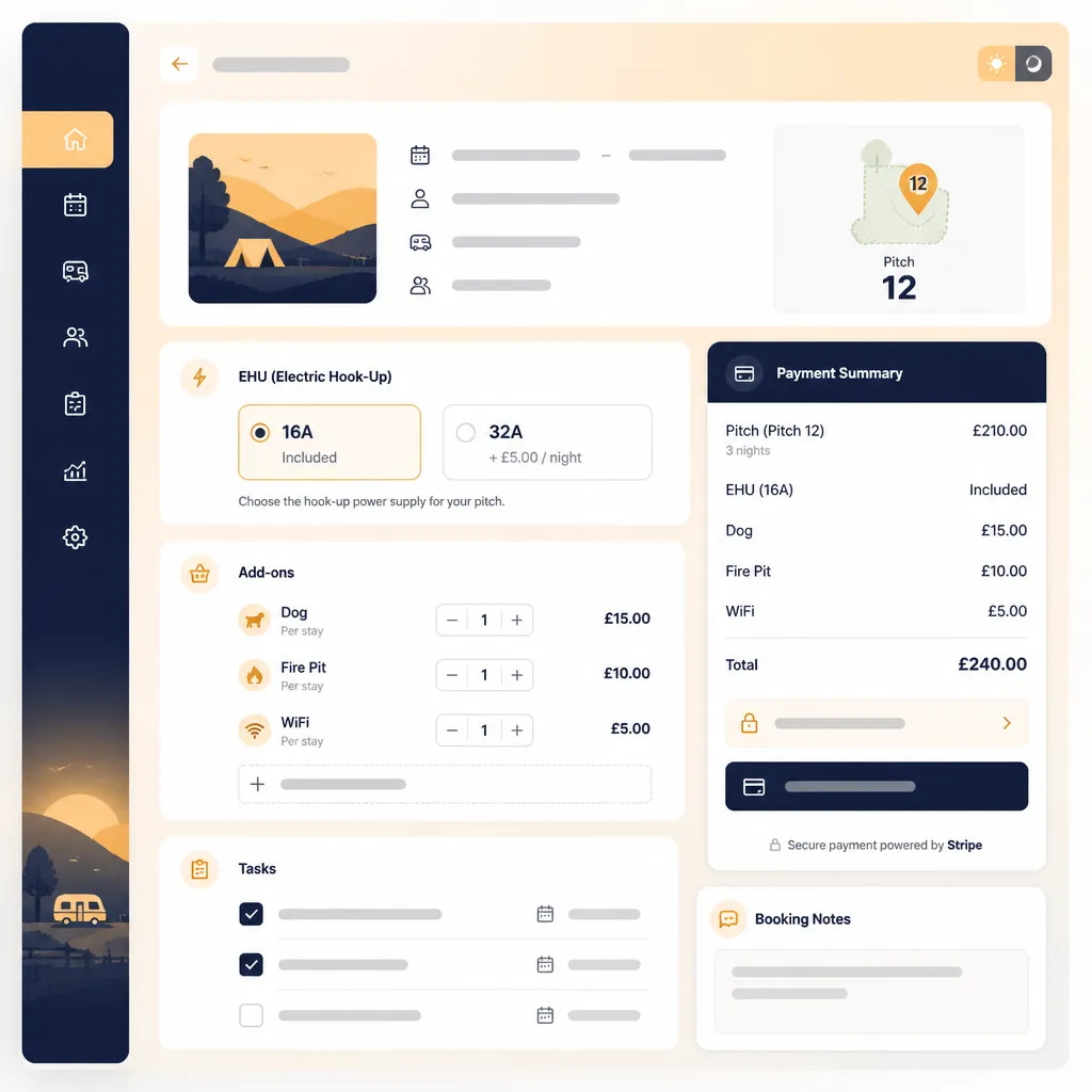Booking detail screen with pitch number, EHU and add-ons