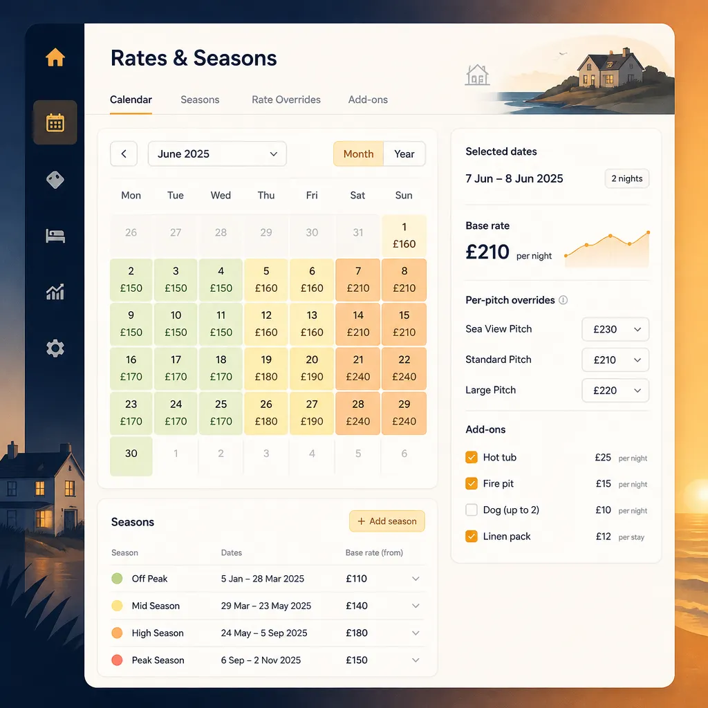 Rates editor with calendar heatmap and seasonal rate controls