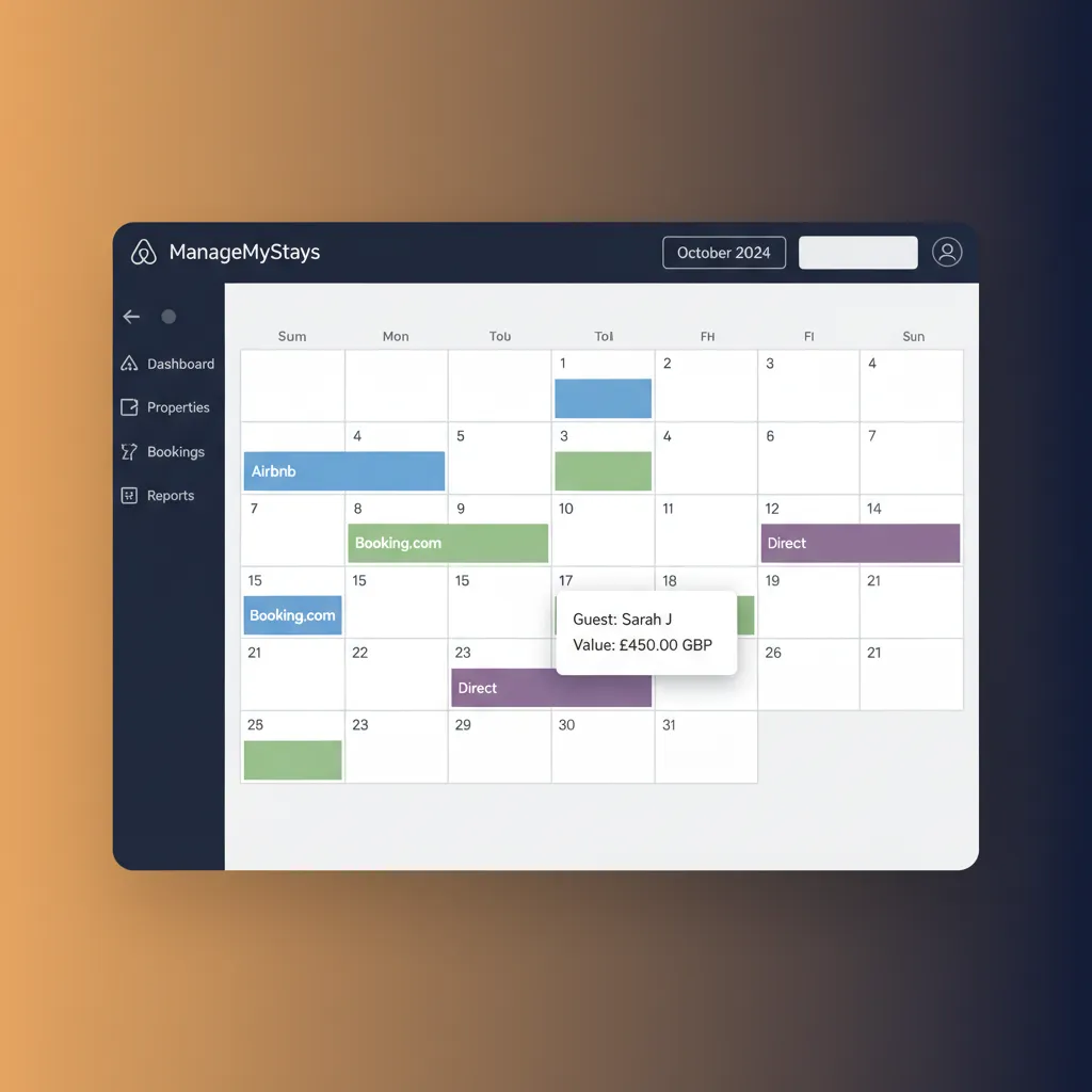 HolsUK calendar view showing colour-coded bookings from Airbnb, Booking.com and direct.