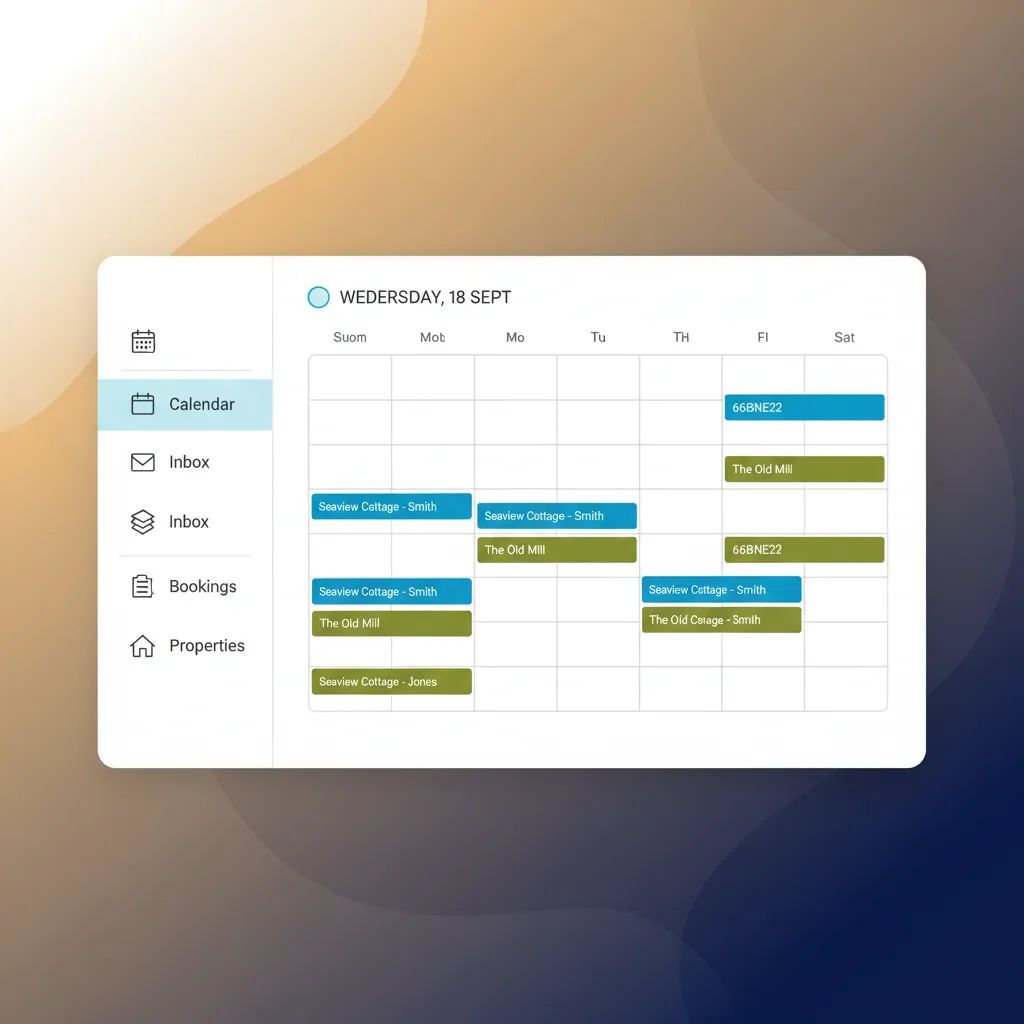 A mockup of the HolsUK dashboard showing a central calendar with multi-property bookings.