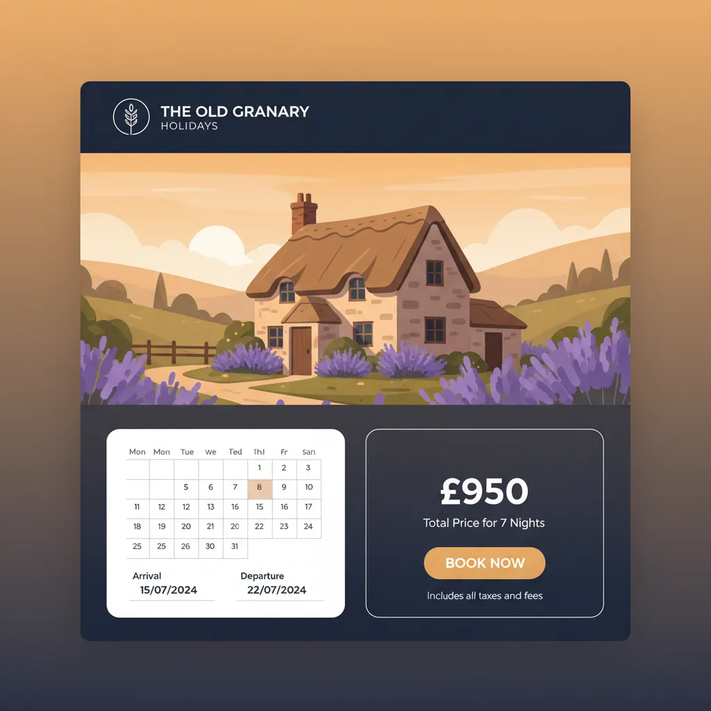 Example of a clean, modern direct booking engine for a holiday cottage, powered by HolsUK.