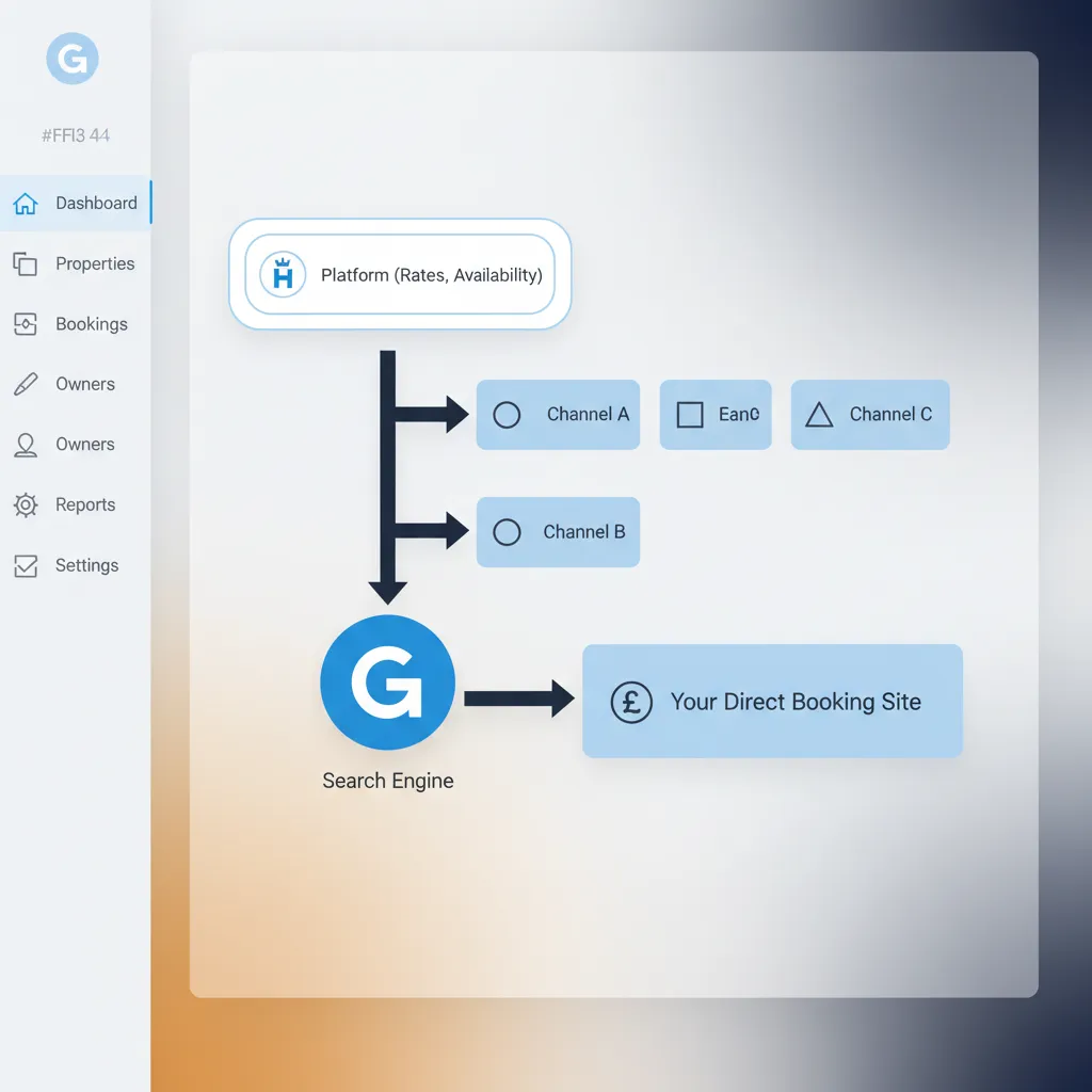 Diagram showing HolsUK sending rates to Airbnb, Vrbo, and Google, leading to a direct booking.