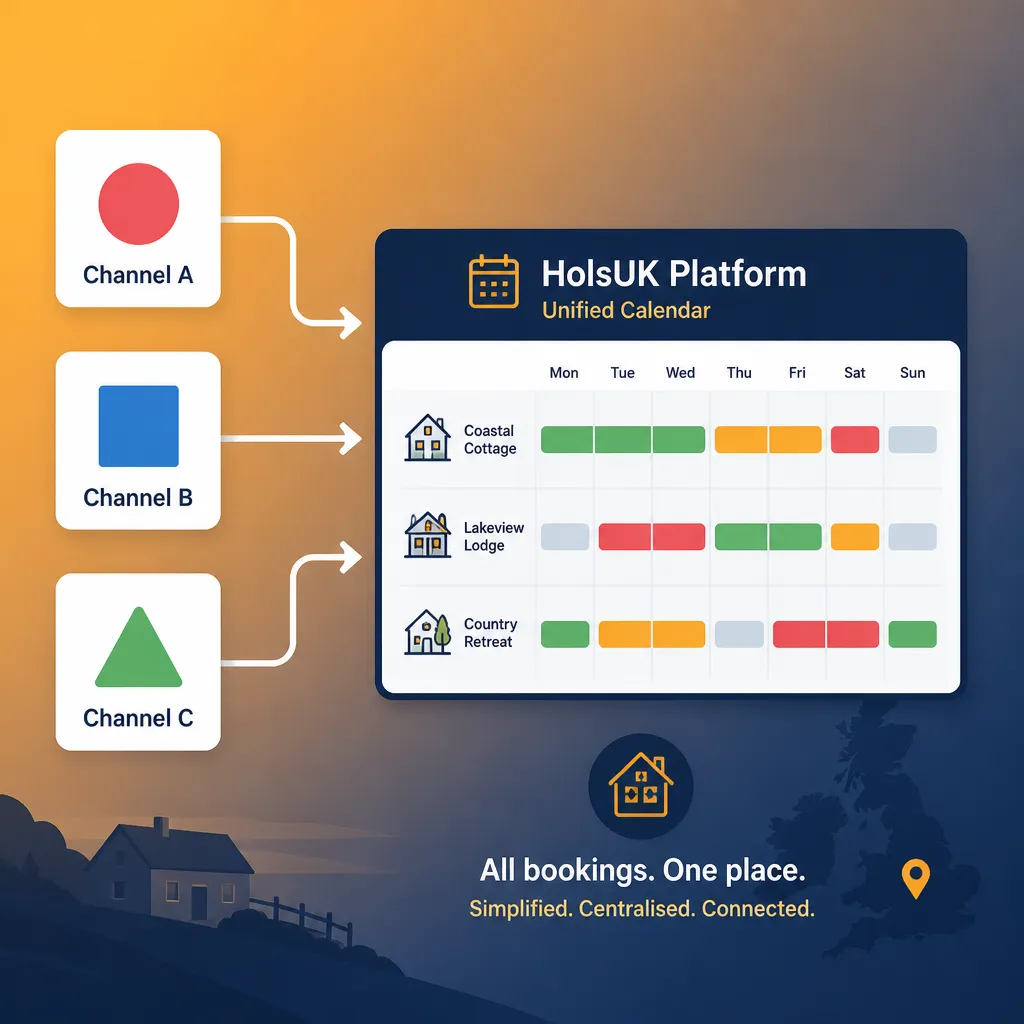 Diagram showing how HolsUK centralises bookings from multiple channels into one calendar.