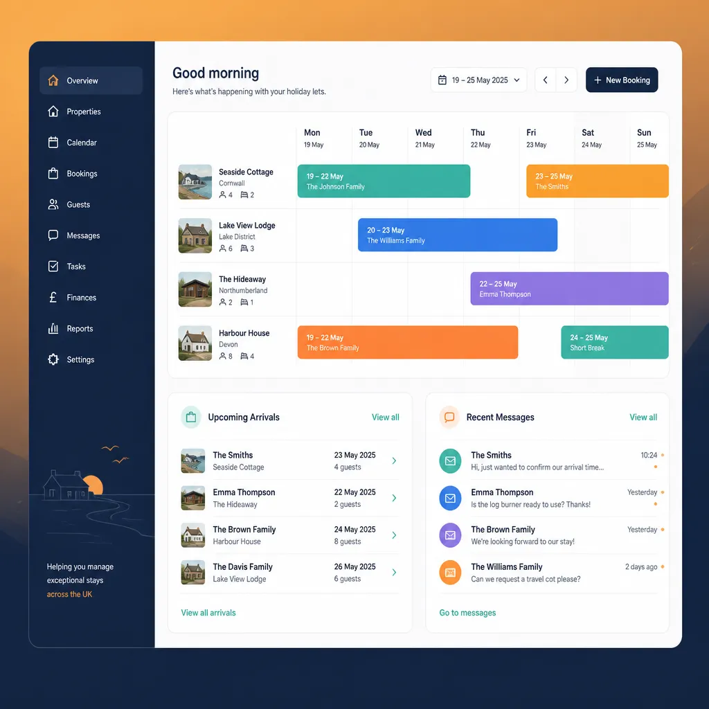 HolsUK dashboard showing the unified calendar, upcoming arrivals and recent messages.