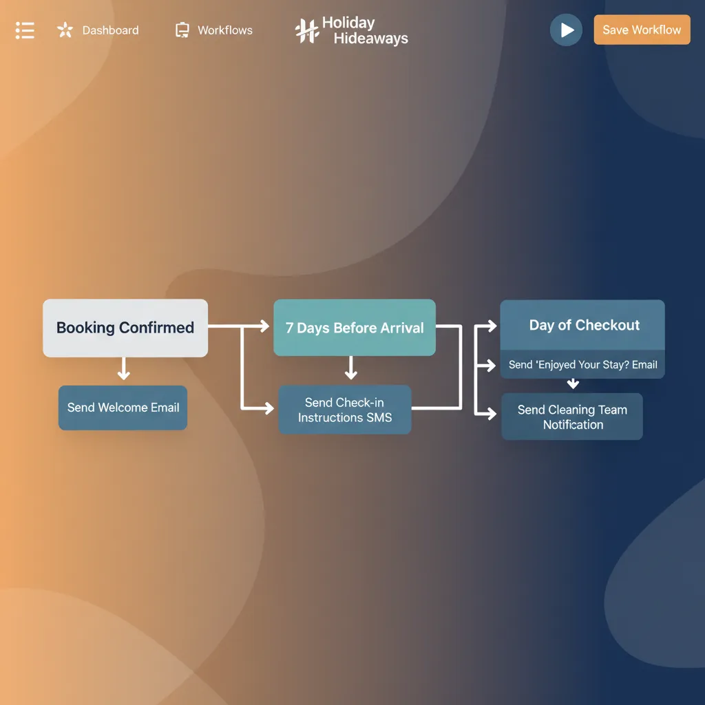 The automated guest messaging workflow builder in the HolsUK dashboard.
