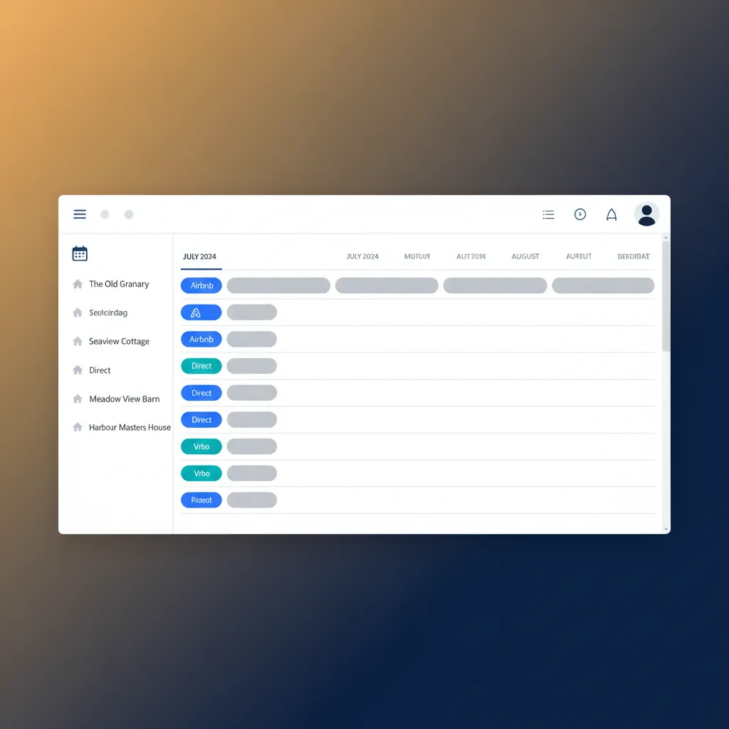 A clean, modern calendar view in HolsUK showing bookings from multiple channels.