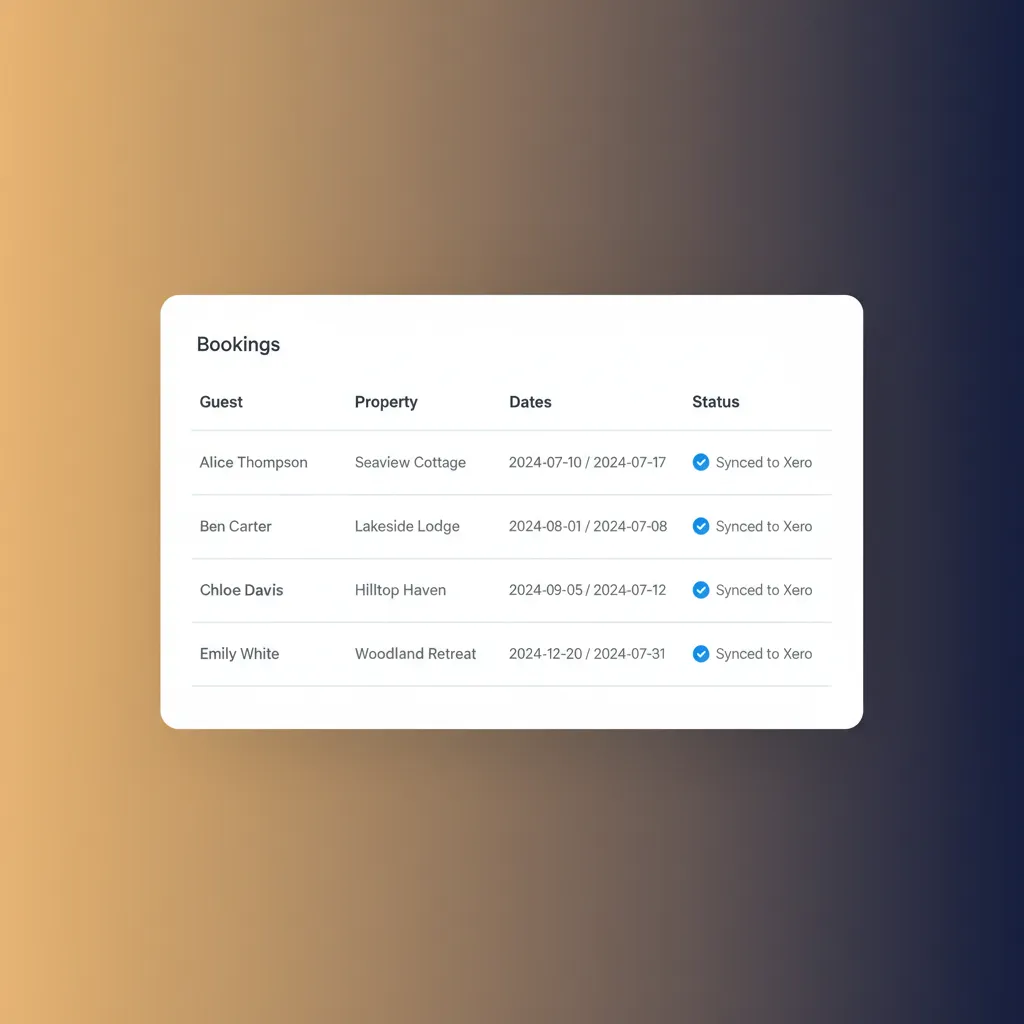 Mockup of the HolsUK dashboard showing a list of bookings with a 'Synced to Xero' status.