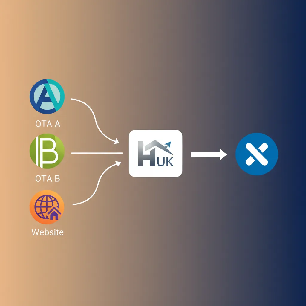 Diagram showing booking channels flowing into HolsUK, which then syncs with Xero.