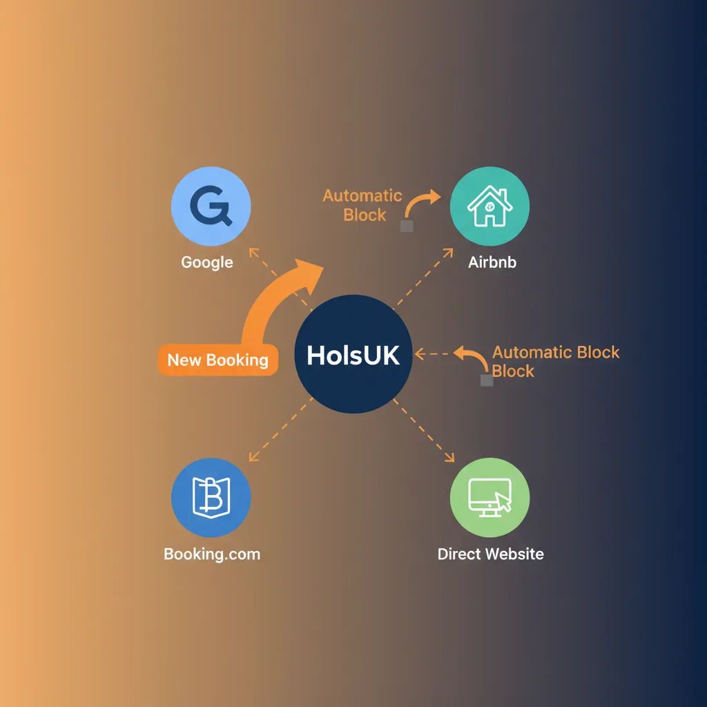 Diagram showing HolsUK as the central hub syncing availability with Google Vacation Rentals and OTAs.