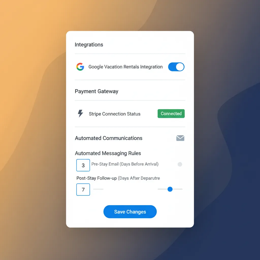 The HolsUK dashboard showing settings for the Google Vacation Rentals integration and Stripe payments.