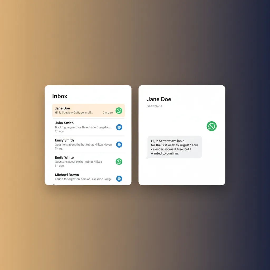 Mockup of the HolsUK unified inbox dashboard showing a list of guest conversations.