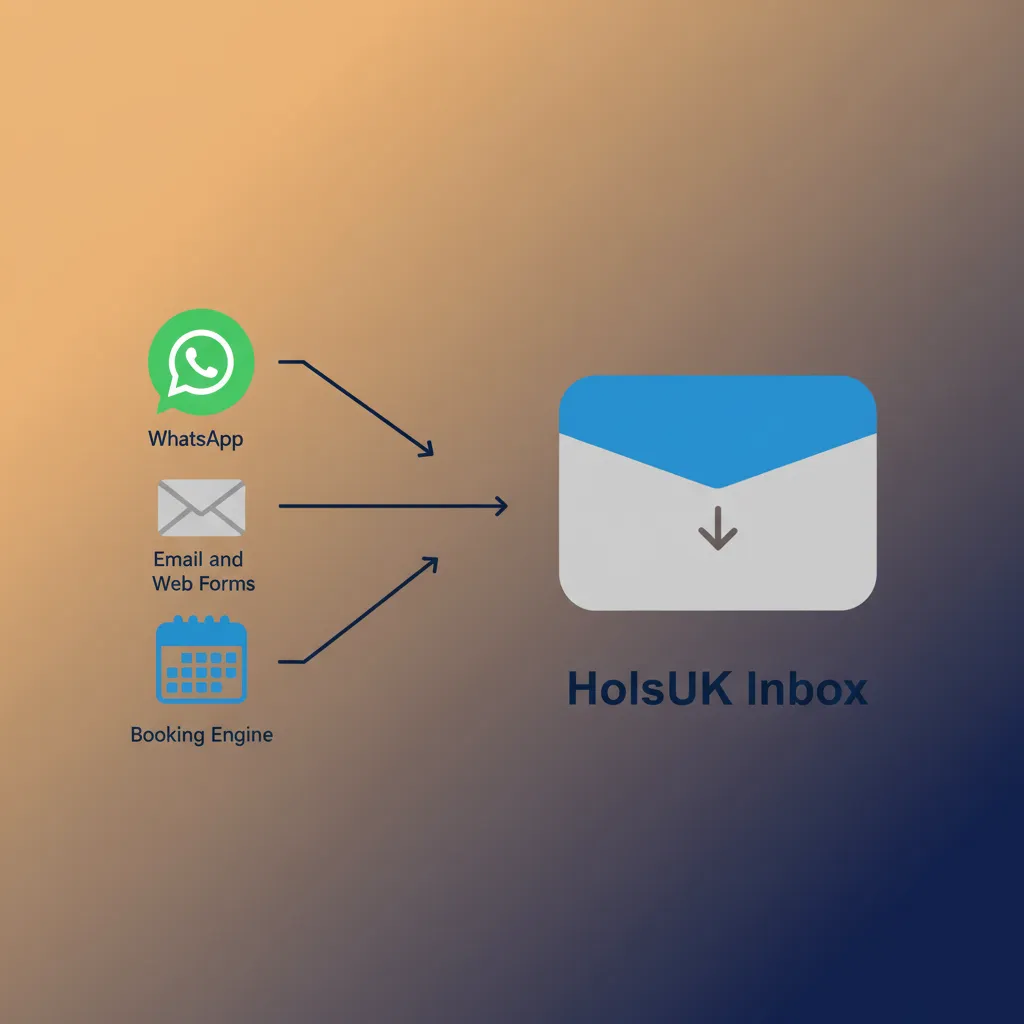Diagram showing WhatsApp, email and web form messages flowing into the HolsUK centralised inbox.