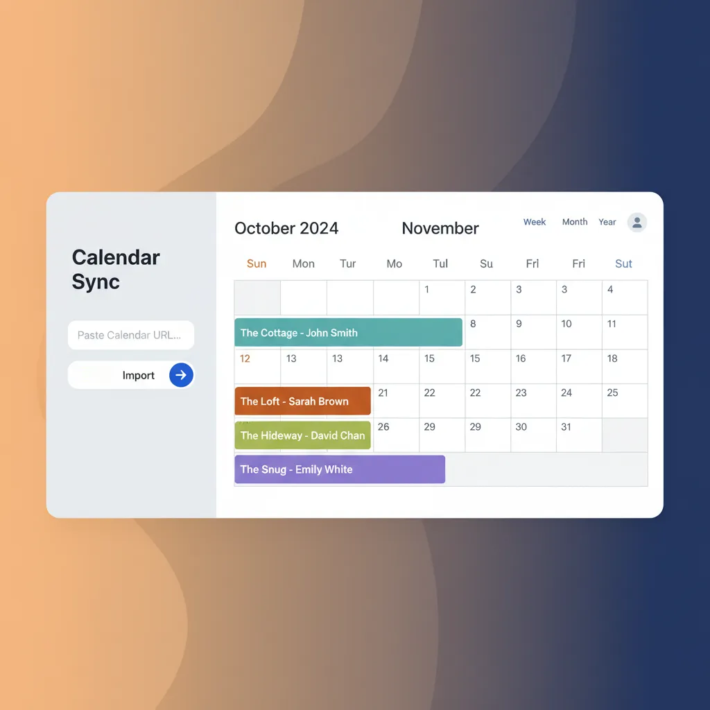Screenshot of a property management software calendar showing the iCal import function for migrating bookings.